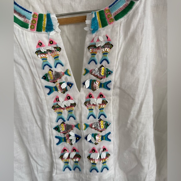 Talbots White Linen Top Size L with Colorful Fish Embroidery - Picture 2 of 6